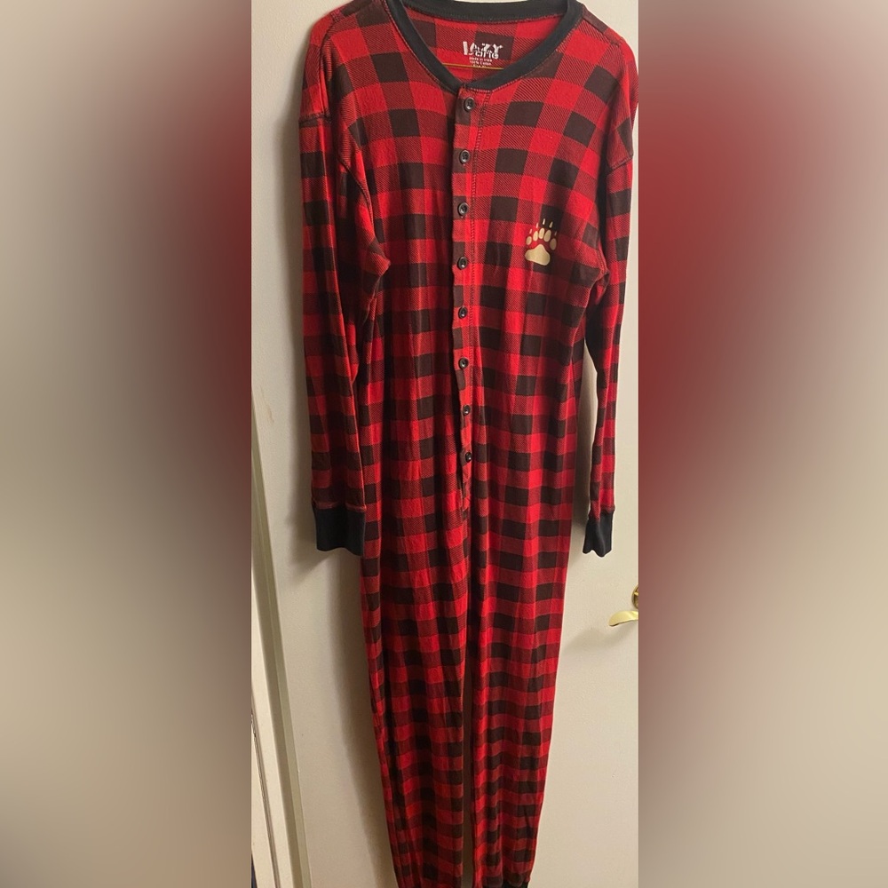 Red and Black Plaid onesie with trap
Door